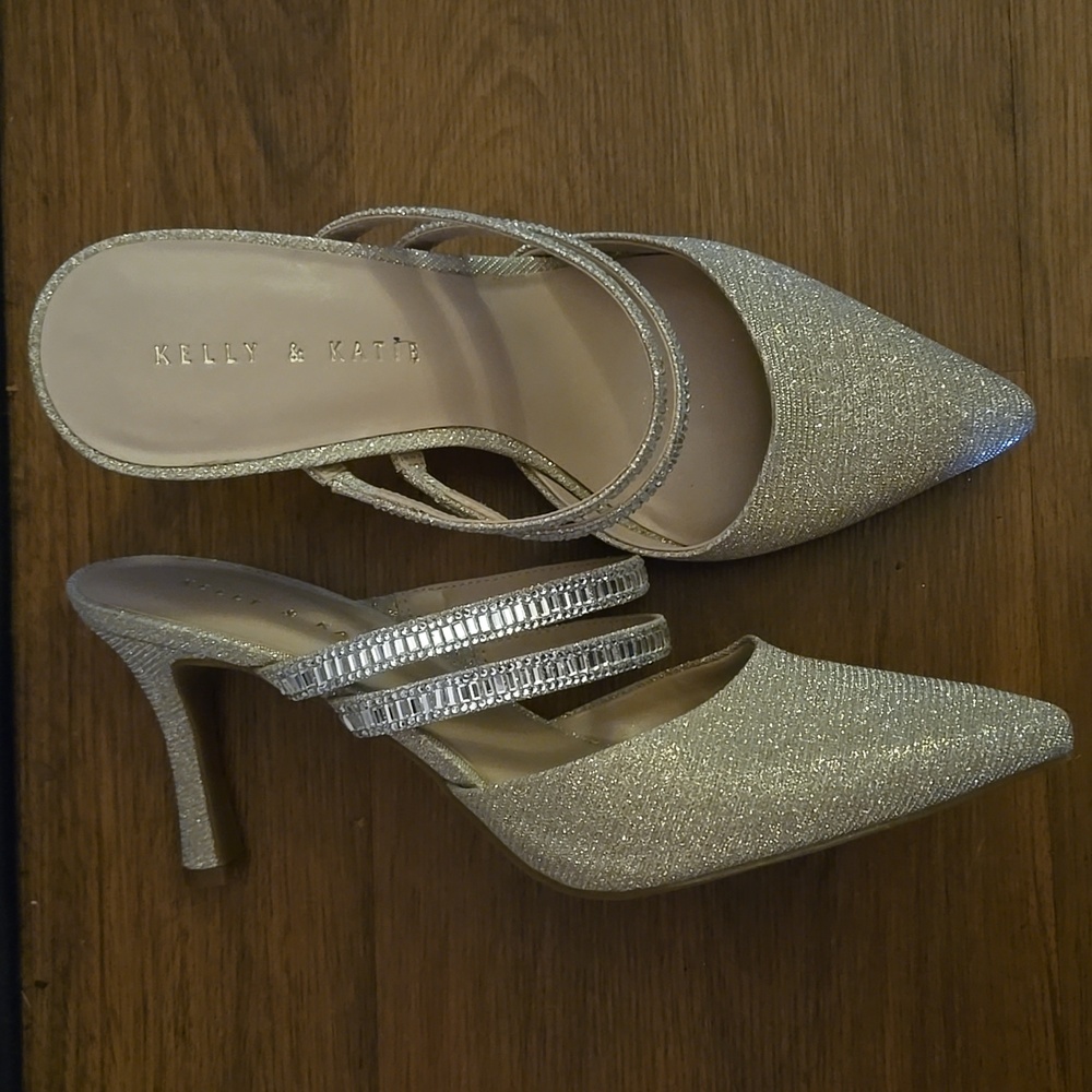 Kelly & Katie Gold Sparkle Pointed Toe Stiletto Slides Rhinestone Straps 8.5 EUC